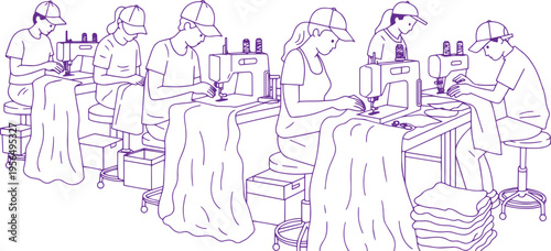 Garment Factory Production Line with Workers Operating Sewing Machines – Black Line Art Vector Illustration