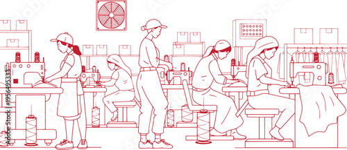 Garment Factory Production Line with Workers Operating Sewing Machines – Black Line Art Vector Illustration