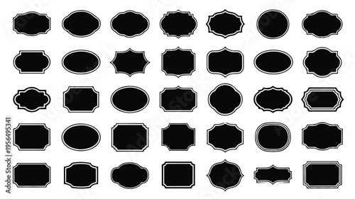 Collection of various black labels and tags with white outlines on white background