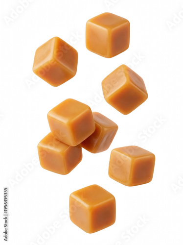 Quadro su tela Falling Golden Caramel Toffee Cubes with Smooth Texture