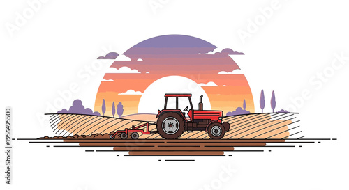 Tranquil tractor scene at sunset showcases agricultural activity and peaceful rural landscape