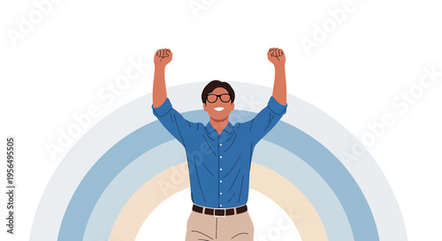 Triumph and optimism: A man stands victorious beneath a vibrant pastel rainbow backdrop