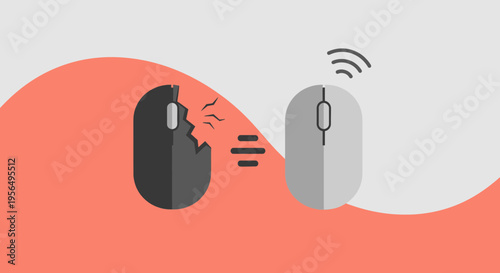 Transformation from broken wired mouse to wireless connection symbolizes technological progression
