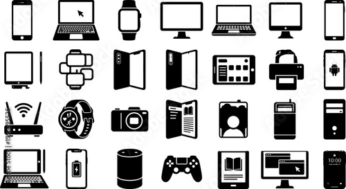 Technology devices silhouette vector illustration collection, black icons showing smartphones, laptops, tablets, cameras, routers, and gaming controllers