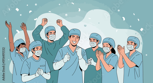 Triumph and Gratitude: A medical team celebrates success with joy and pride amid the pandemic era