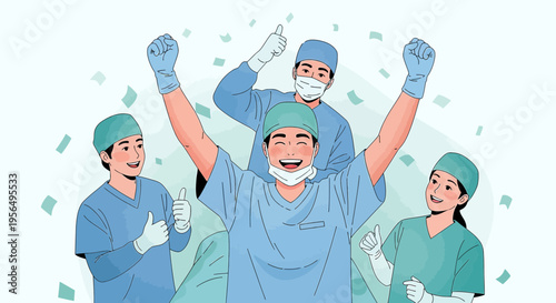 Triumphant medical team celebrates success, showcasing teamwork and positive atmosphere during