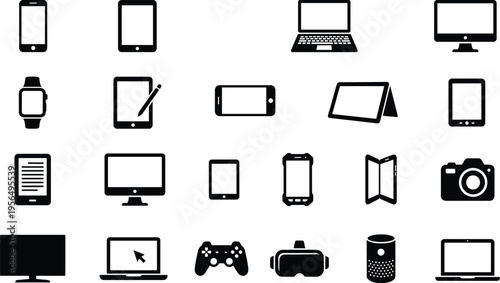 Technology devices silhouette vector illustration collection, twenty black icons showing smartphones, laptops, tablets, cameras, VR headsets, and speakers