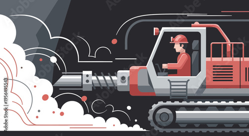 Tunnel boring machine illustration with operator in protective gear breaking rock layers