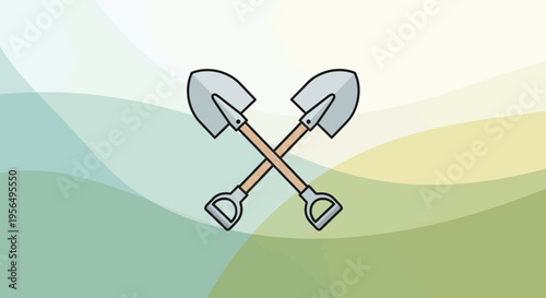Two crossed shovels illustration with a serene and playful, pastel-colored backdrop with flowing