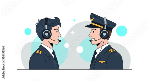 Two aviators communicating professionally wearing headsets in a modern vector illustration