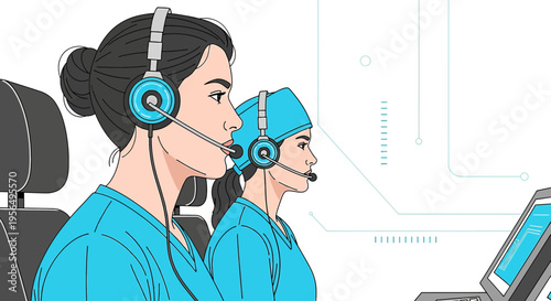 Two healthcare professionals communicating through headsets with advanced technology background