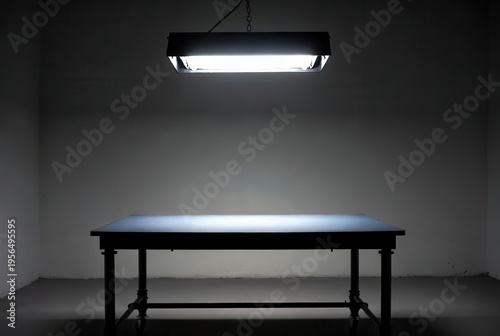 Investigation thriller scene at a dimly lit table in a stark room