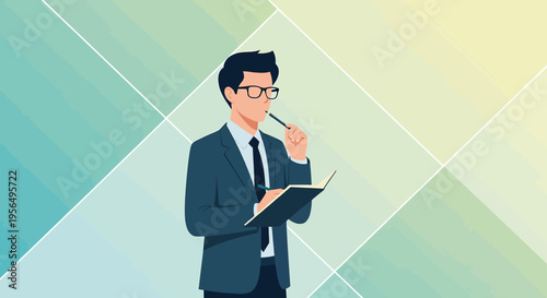 Thoughtful professional in suit, contemplating business plans against geometric backdrop