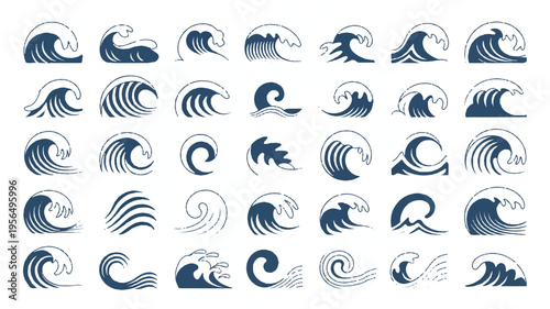 Collection of various ocean wave icons in different styles and shapes