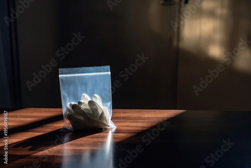 Investigation unfolds thriller scene with evidence bag in dimly lit room