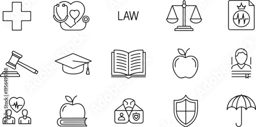 Collection of flat design icons representing healthcare, law, education, and business concepts