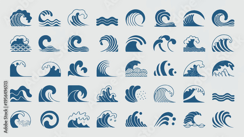 Collection of various wave graphics and icons in blue color  ocean wave symbols