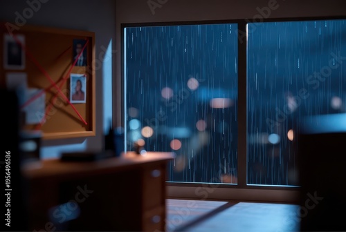 Rainy night investigation thriller in a city office setting urban dusk atmosphere