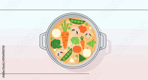 Stylized vegetable soup illustration featuring fresh ingredients and simple design aesthetic