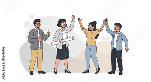 Successful teamwork collaboration with diverse team members celebrating project completion