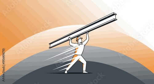 Stylized worker hoisting steel beam showcasing strength and industry integrity