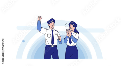 Successful flight crew rejoicing, celebrating landing safely with cheers of joy and pride