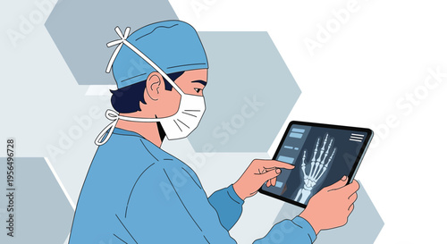 Surgeon examining x-ray scan of hand anatomy on tablet screen with focus for diagnosis and