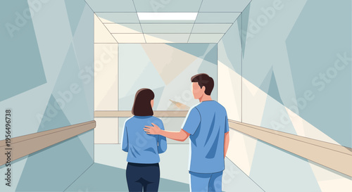 Supportive healthcare professional consoling patient in hospital hallway with geometric design