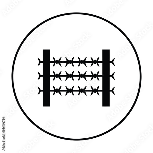 Black minimalist barbed wire symbol in circle on white background representing security and confinement