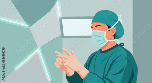 Surgeon preparing for operation wearing surgical gown and gloves in sterile environment