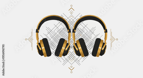Symmetrical arrangement of sleek headphones on a graphic art deco inspired backdrop