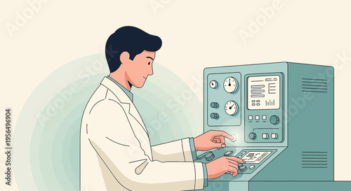 Technician operating complex industrial machine with dials and digital interface