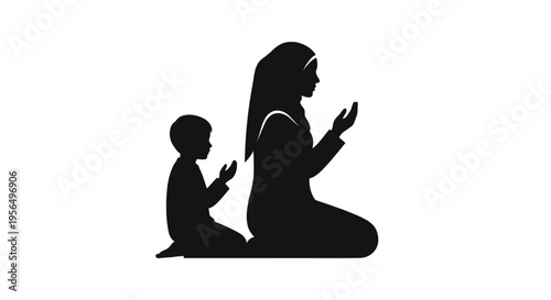 Black silhouette of a Muslim woman and child praying together isolated on white background