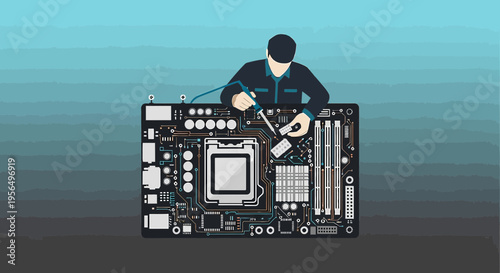 Technician repairs motherboard, soldering intricate components, ensuring stable and efficient