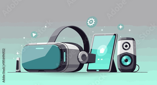 Technological convergence: Illustration of virtual reality headset, tablet, speaker showcasing