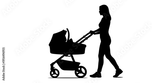 Black silhouette of a mother walking with a baby stroller isolated on white background