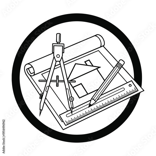 Architectural blueprint with drafting tools including compass pencil and ruler on a white background in a black circle