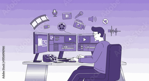 The film editor works from home, editing video on computer with editing interface