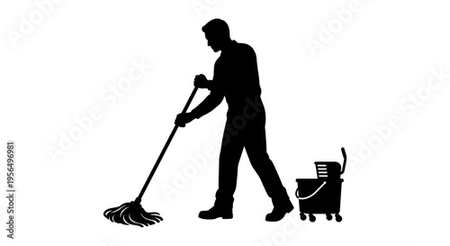 Black silhouette of a male janitor mopping the floor with a cleaning bucket isolated on white background