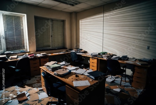 Thriller investigation in a disordered office space urban environment dark mood