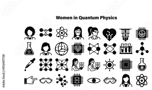 flat design icons of women scientists in quantum physics and technology research