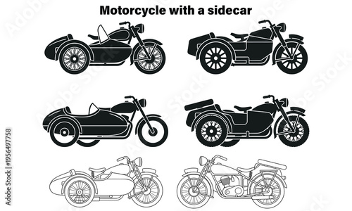 vintage motorcycle with sidecar black and white line art illustration