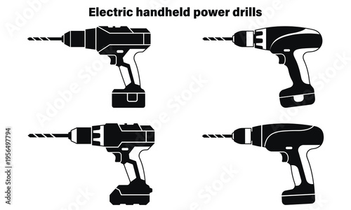 Canvas Print Set of four black electric power drills isolated on white background for tools a