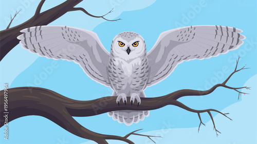 Gray owl with outstretched wings sitting on a tree branch against a blue sky