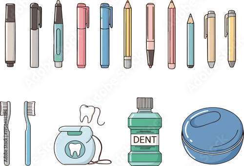 Stationery and Oral Care Collection with Pens, Pencils, Toothbrush, Dental Floss, Mouthwash, and Soap in Cute Flat Vector Illustration for School and Hygiene Design