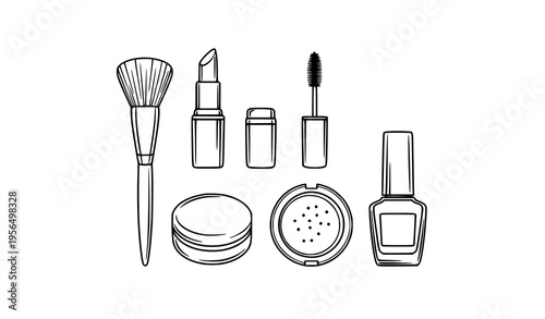 Beauty tools outline vector makeup brush lipstick mascara and cosmetic set