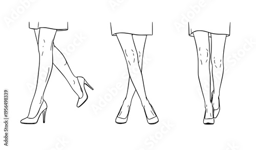 Confident walking legs outline vector feminine motion poses with high heels