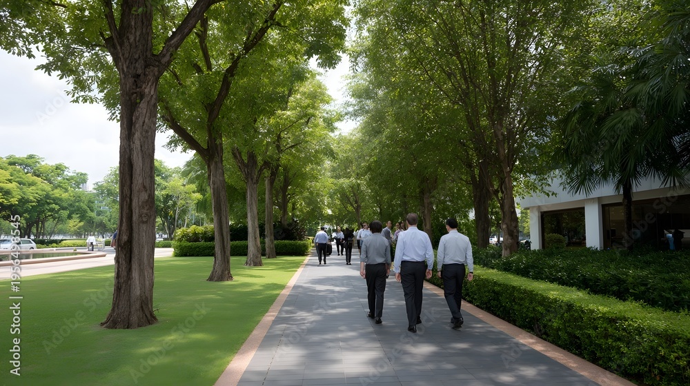 Fototapeta premium Professionals walking along a tree lined path in a serene corporate campus with lush greenery and modern architecture