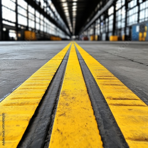 Low-angle perspective Textured double yellow lines on concrete leading through a blurred industrial warehouse, symbolizing precise guidance and forward momentum. ,Path ,Industrial