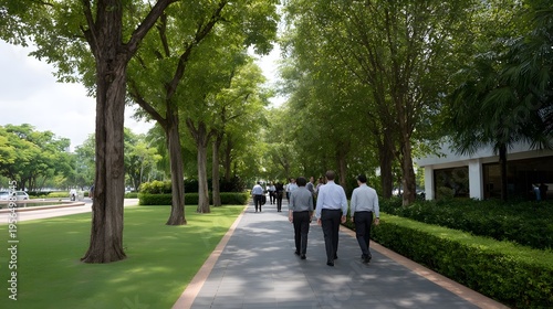 Professionals walking along a tree lined path in a serene corporate campus with lush greenery and modern architecture